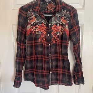 Johnny Was Black and Red Embroidered Plaid Shirt